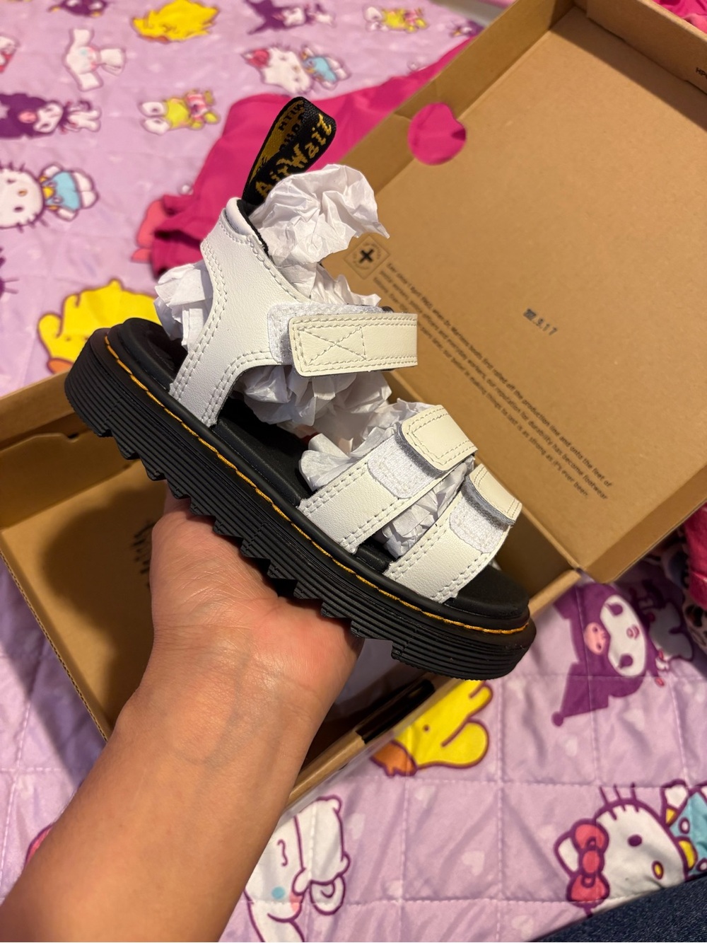 Dr. Martens White Kids Leather Strap Sandals with Black Sole